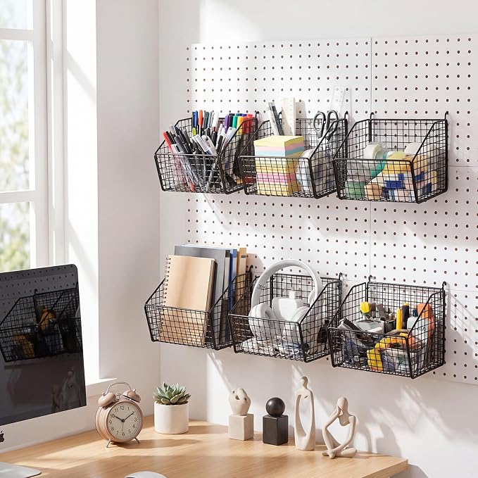 Reallnaive 6 Pack Black Pegboard Baskets Metal Wire Shelf Baskets 7.1 x 7.1 x 5.5 in Peg Board Organizer Accessories Wall Mount Organizer Bins for Tool Storage Craft Garage Workbench Room