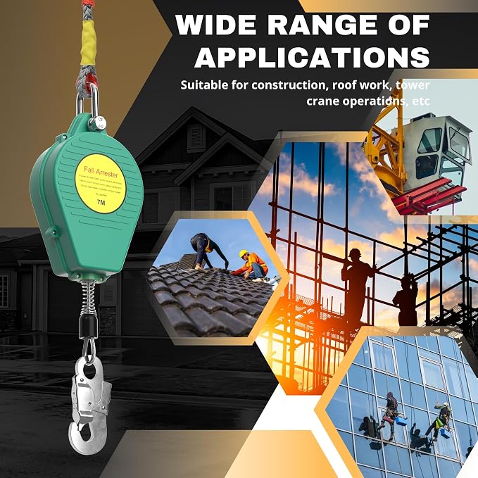 23ft Self Retracting Lifeline, 330LBS Fall Arrest Equipment, Fall Protection System with Dual Swivels, Alloy Steel Hook, & Flame Retardant Steel Wire Rope(Φ3.2mm)