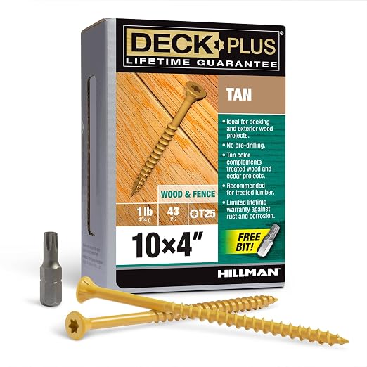 Deck Plus 4 Inch Epoxy Coated Exterior Wood and Fence Screws #10 x 4 Torx/Star Drive Included Coarse Thread, Outdoor Rust Resistant Decking Screw, Tan, 1lb Box, 43 Pieces | 48423