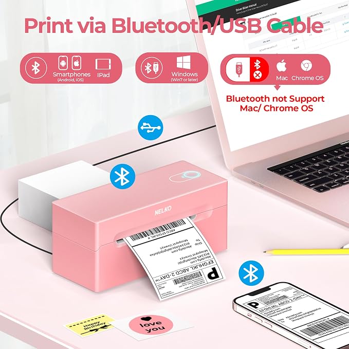 Nelko Bluetooth Thermal Shipping Label Printer, Wireless 4x6 Shipping Label Printer for Shipping Packages, Support Android, iPhone and Windows, Widely Used for Amazon, Shopify (Pink)