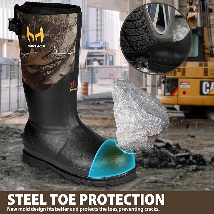 Rubber Work Boots with 800g Insulation, Puncture-Proof Steel Toe & Shank, Waterproof and Insulated 6mm Neoprene Hunting Boots for Farming, Construction, Fishing, and Manufacturing (Size 6-14)