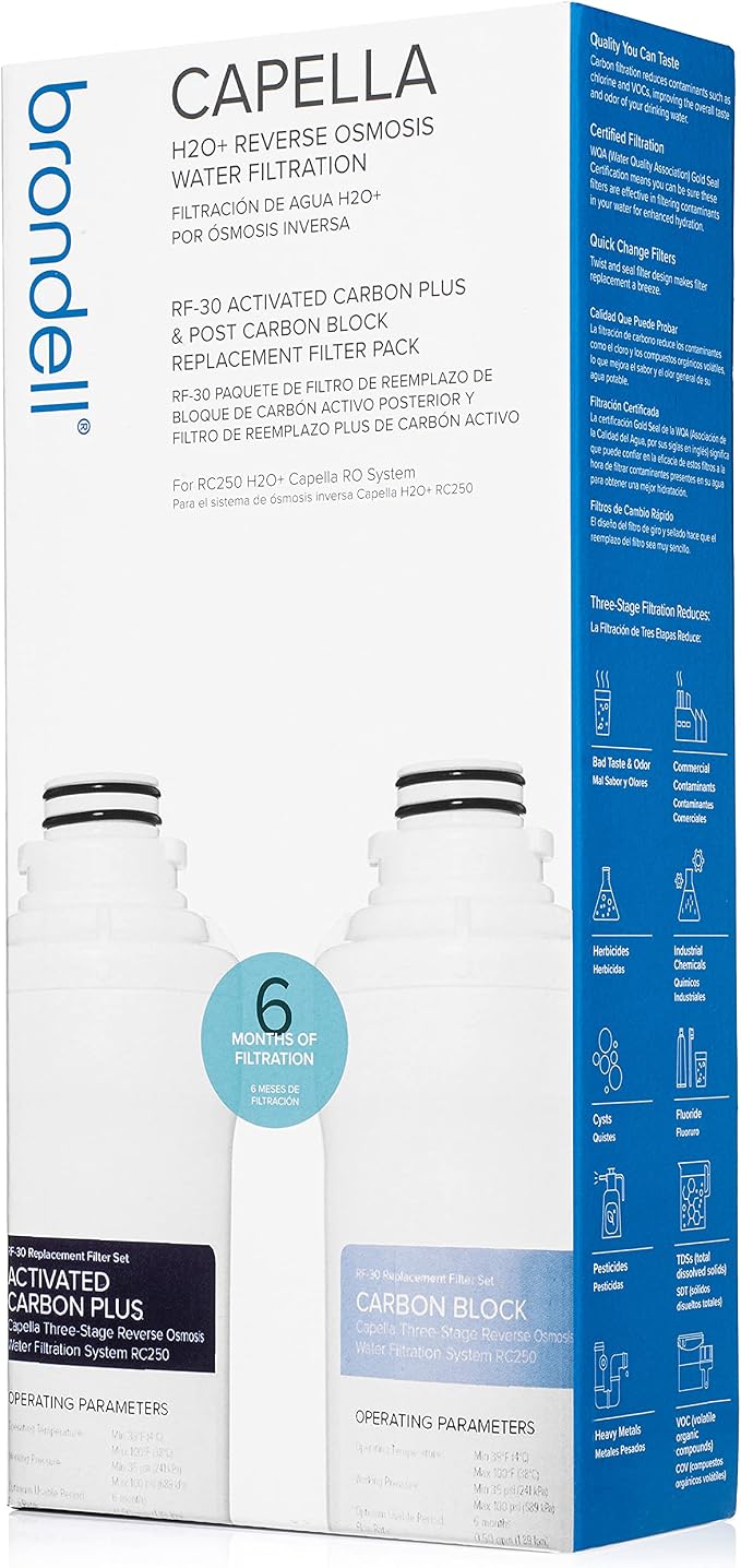 Brondell Reverse Osmosis Replacement Filter Set for Capella RO Water Filtration System, Activated Carbon Plus and Carbon Block Filters, 6 Months Filtration, RF-30