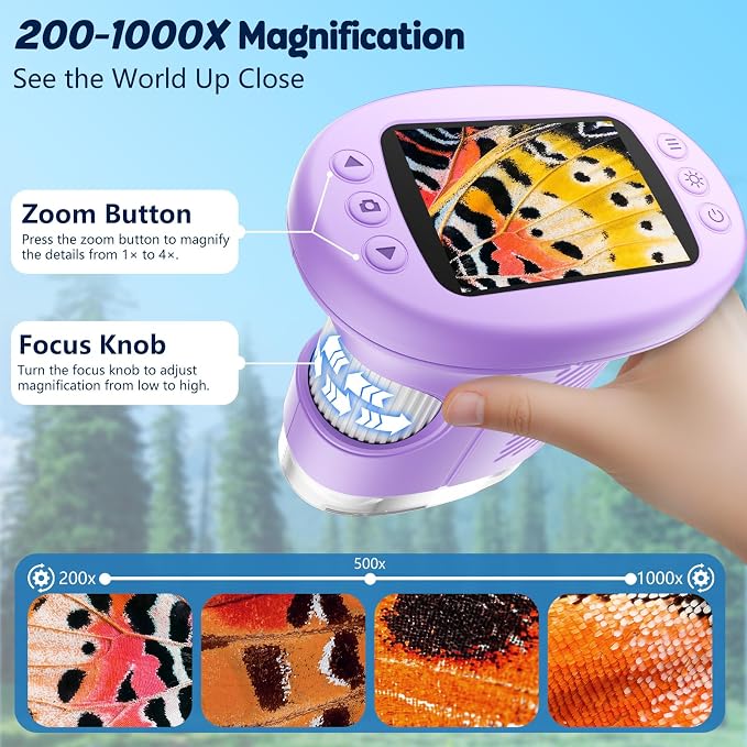 Odatay 4K 1000X Digital Microscope for Kids with Long Distance Viewing & 2.4" Screen, Portable Handheld Edu Toys for Kids Age 3-12 Exploring Bugs Plants at Home Classroom & Outdoor Travel, Purple