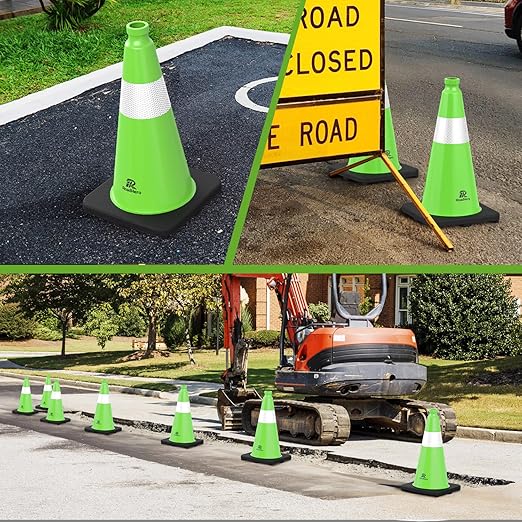 RoadHero 8 Pack Traffic Safety Cones 18 Inch with Black Weighted Base, Plastic PVC Lime Green Cone with Reflective Collar, Cones for Parking Lot, Construction Events, Road Safety