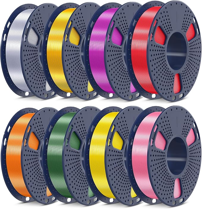 SUNLU 3D Printer Filament Bundle, PLA+ Silk Filament Multicolor 1.75mm, Individually Vacuum Packed, 250G Spool, 8 Rolls, 2kg in Total, Light Gold+Silver+Purple+Red+Orange+Yellow+Pink+Bronze
