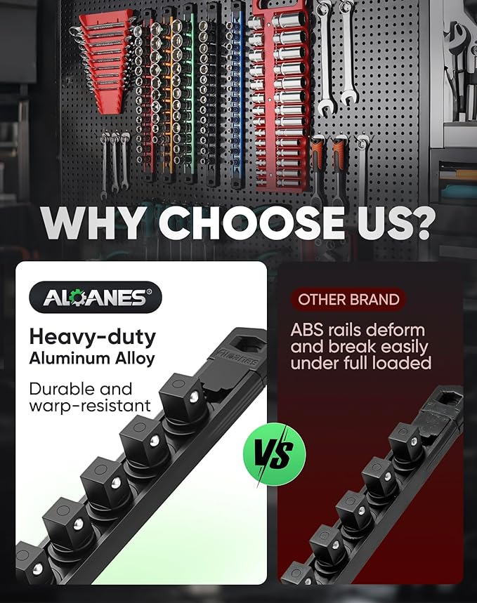ALOANES Magnetic Socket Organizer Set, 1/2-Inch Drive Heavy Duty Aluminum Socket Rail Organizer, 360° Swivel Clips Socket Holder Kit for Toolbox Drawer Fit 1/2-Inch x 12 Clips (Black, 1PC)