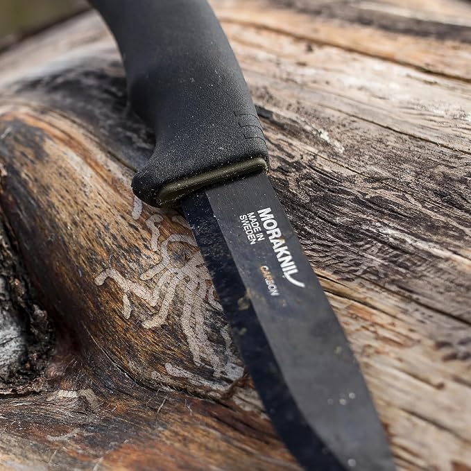 Morakniv Carbon Steel Fixed-Blade Bushcraft Survival Knife with Sheath and Fire Starter, Black, 4.3 Inch