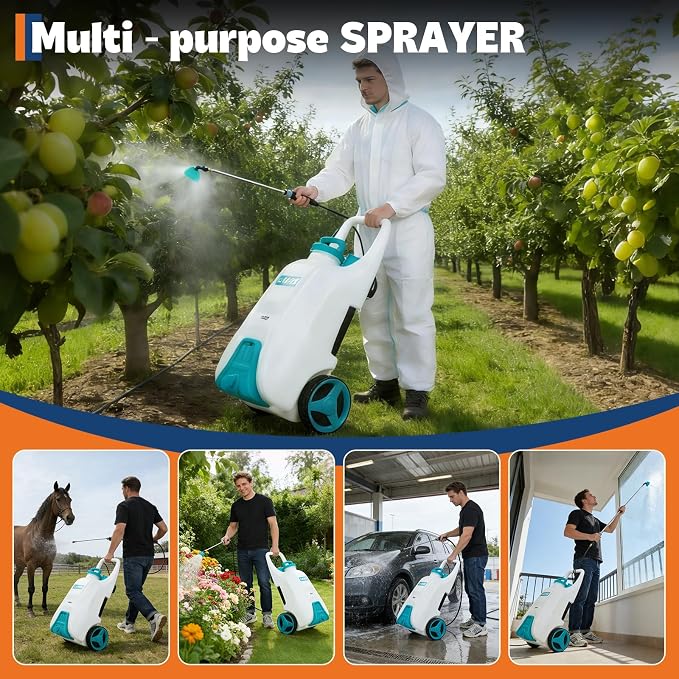 Garvee 13 Gallons Battery Powered Sprayer with Wheeled Cart, 18V 4Ah Electric Sprayer with 6 Nozzles & 2 Wands, 4-6 Hour Runtime, 80PSI Adjustable Pressure, Trigger Lock, Yard Sprayers for Lawn