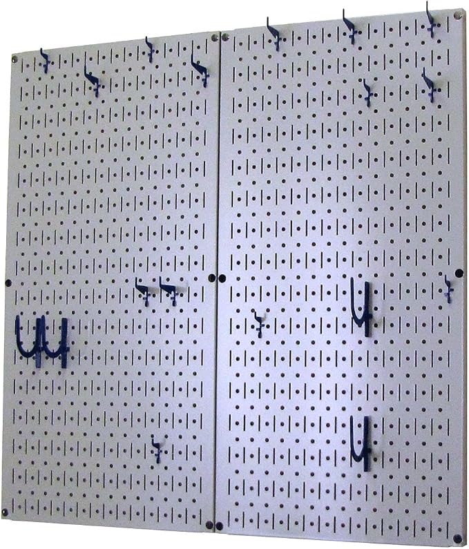 Wall Control Kitchen Pegboard Organizer Pots and Pans Storage Rack Organization Kit with Grey Pegboard and Blue Accessories