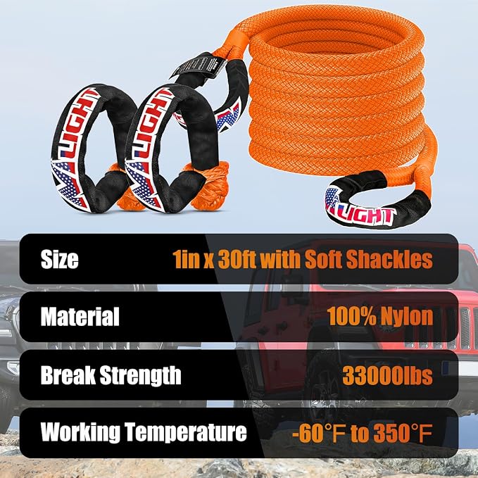 Nilight Kinetic Recovery Tow Rope Kit with 2 Soft Shackle 1" x 30ft Heavy Duty Offroad Tow Rope Snatch Strap Towing Strap kit (33,000LBS) for UTV ATV SUV Truck Car Jeep Tractor