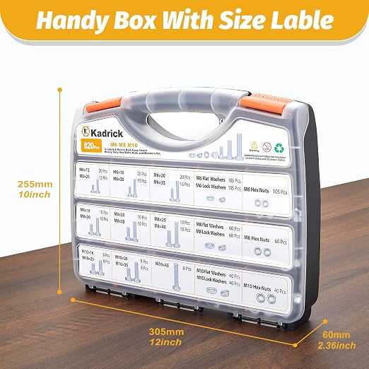 Kadrick 820Pcs Metric Bolt Assortment,Grade 8.8 M6 M8 M10 Hex Heavy Duty Bolts and Nuts Kit,M6-1.0 M8-1.25 M10-1.5 (12mm to 45mm),Eco-Friendly Zinc Plated