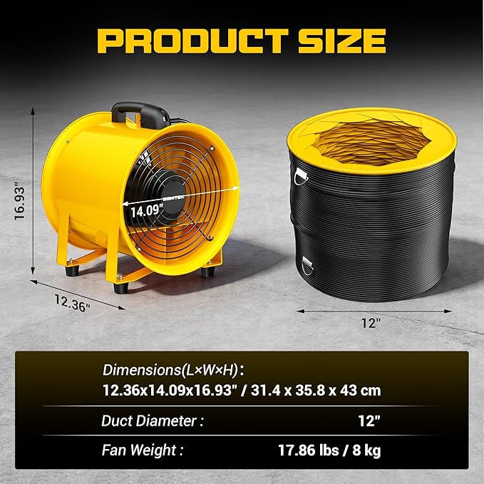 12 Inch High-Portable Exhaust Fan, 3500CFM 550W with 40FT Duct Hose, Low-Noise Industrial Portable Ventilator Blower for Basements, Workshops, Warehouses, Confined Spaces