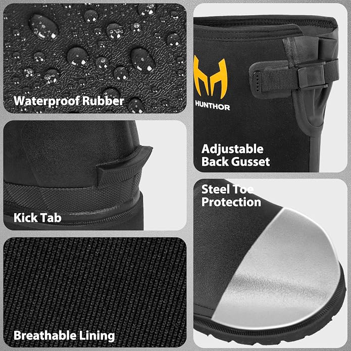 Rubber Work Boots with 800g Insulation, Puncture-Proof Steel Toe & Shank, Lightweight EVA Outsole Waterproof Insulated Neoprene Hunting Boots for Farming, Construction and Manufacturing (Size 6-14)
