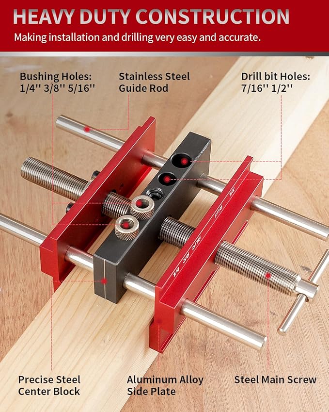 DAYDOOR 6.7" Self Centering Dowel Jig, Wide Capacity Doweling Jig & Drill Guide for Woodworking, Complete Kit with 6 Steel Bushings for Straight Holes(Red)