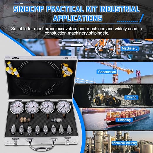 Hydraulic Pressure Test Kit with 4 Gauges 10 Couplings 3 Hoses, Hydraulic Tester Gauge Set 10Mpa/25Mpa/40Mpa/60Mpa for Excavator Construction Machinery