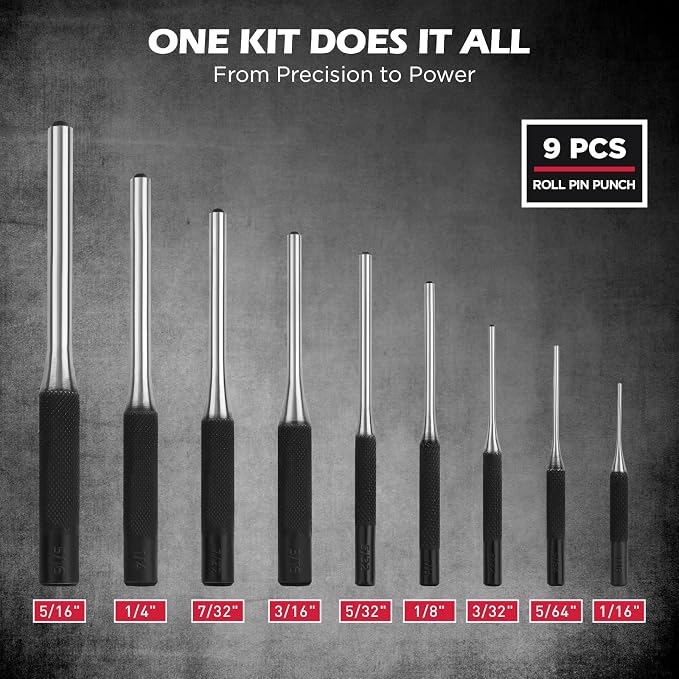 25-Piece Punch and Chisel Set with Roll Pin Punches, Includes Taper, Pin, Center Punches & Cold Chisels for Metalworking, Automotive, and Craft Use