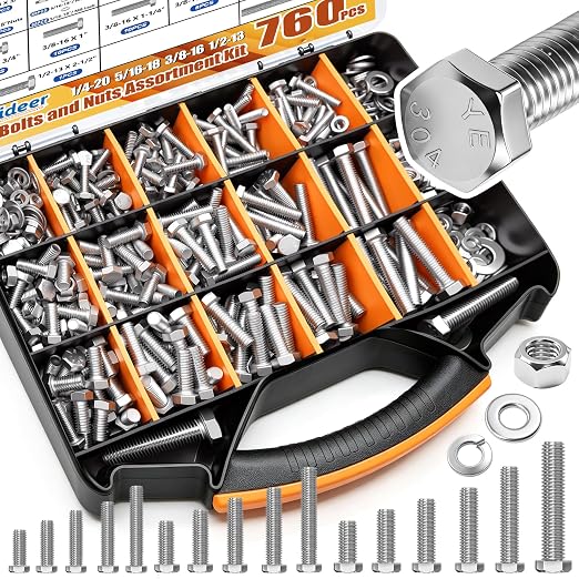 weideer 760PCS Hex Bolts and Nuts Assortment Kit, 1/4-20,5/16-18,3/8-16,1/2-13 18-8(304) Stainless Steel Bolt,Assorted Bolts Nuts Flat and Lock Washers Kit,Lenth 1/2'' to 2-1/2'' K-F142