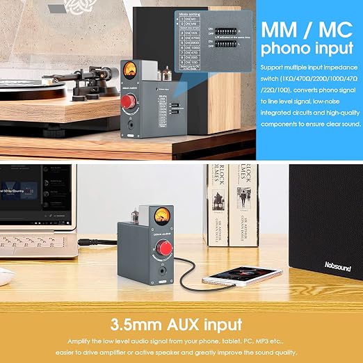 Douk Audio Tube Phono Preamp: HiFi MM/MC Turntable Preamplifier | Headphone Amp with AUX Input | VU Meter for Record Players, Vinyl Systems Audiophiles (T4 Plus)