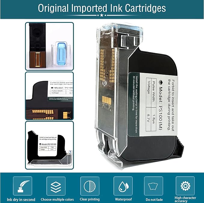 Phezer Original 42ml Black Quick Dry Solvent Ink Cartridge Replacement PS100 for 0.5inch/12.7mm Handheld Inkjet Printers P15 / P16 / P18 (Black)
