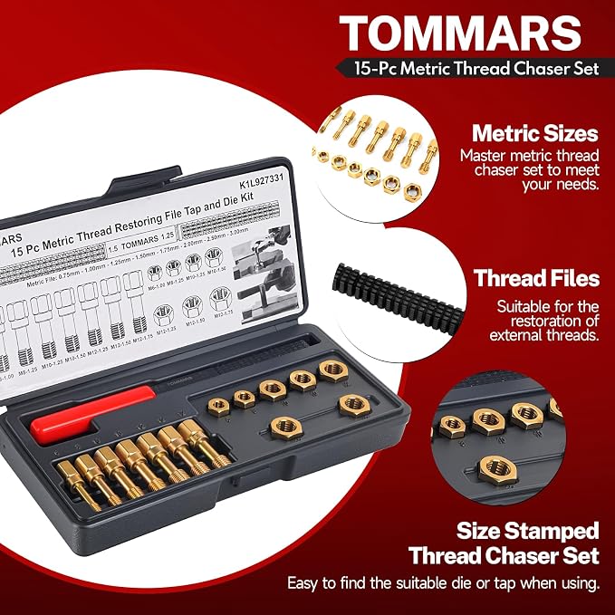 TOMMARS 15-Piece Metric Thread Chaser Set, M6 M8 M10 and M12 | Thread Restorer Tool and Rethreading Repair Kit for Cleaning, Restoring and Repairing Damaged Metric Threads