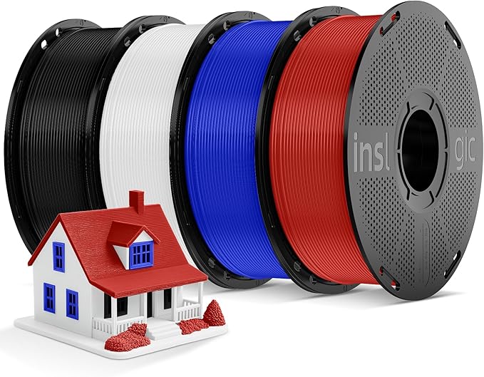 Inslogic Pre-Dried 4kg PLA Pro Filament Bundle, High-Speed Tough PLA Pro 3D Printer Filament 1.75mm ±0.02mm, Reusable Spool, 4kg Total, 4×1kg (Black+White+Blue+Red)