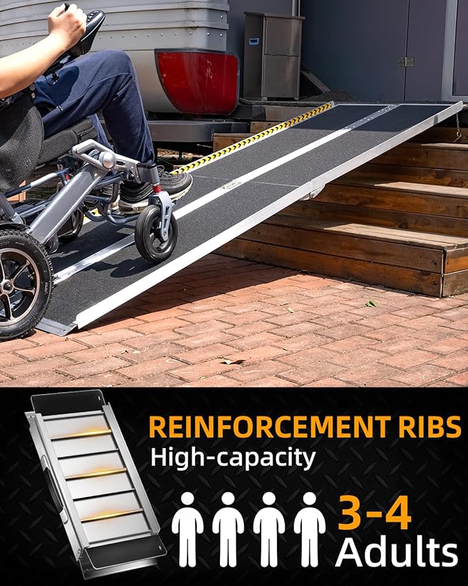 VNN Portable Wheelchair Ramp 7FT, Seamless Non-Slip Aluminum Ramps for Wheelchairs for Home, Handicap Wheelchair Ramps for Home Steps, Aluminum Loading Dock Plates, Doorways, Black