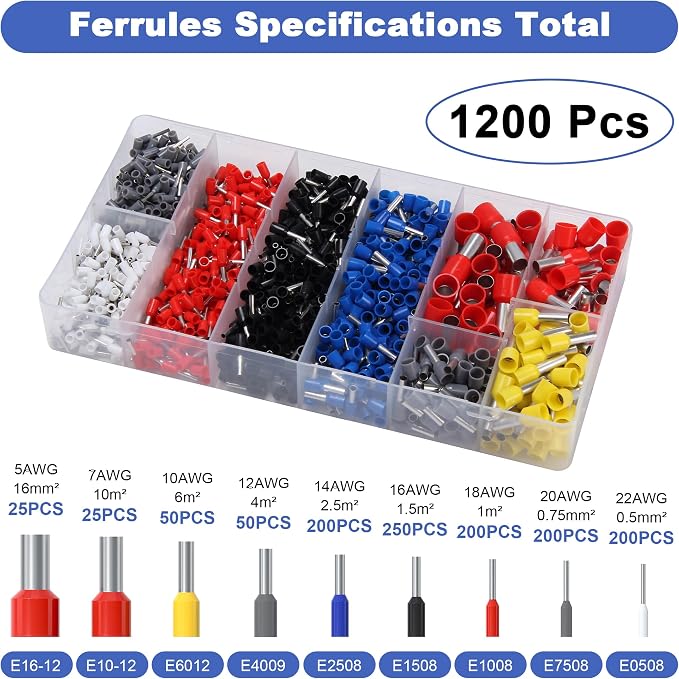 Hexagonal Ferrule Crimping Tool Kit with 1200PCS Ferrules Connectors Wire Ends Terminals(0.08-16mm²/AWG28-5) and Wire Ferrule Kit with 16-6 Ferrules Crimp Tool