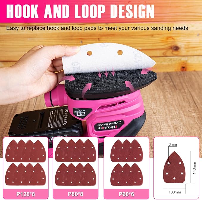 THINKLEARN Cordless Detail Sander with 2Pcs Batteries and Charger, 20V Electric Hand Sander with 22Pcs Sandpapers & Dust Collection System, Palm Sanding Tool for Woodworking, Polishing Wood Furniture