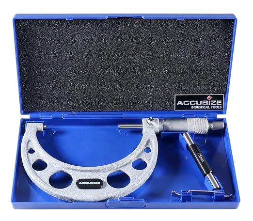 Accusize Industrial Tools Outside Micrometer, 75-100mm, EG00-0100 | 75-100mm, Ultra-Precision, Carbide Tipped, M-Type, Resolution 0.01mm, Ratchet Friction Thimble, Solid Storage Case