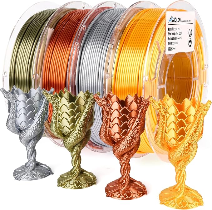 AMOLEN PLA 3D Printer Filament PLA Filament 1.75mm Silk Filament Bundle,Gold, Silver,Bronze, Red Copper,3D Printing Filament Bundle, 200gX 4 Spools