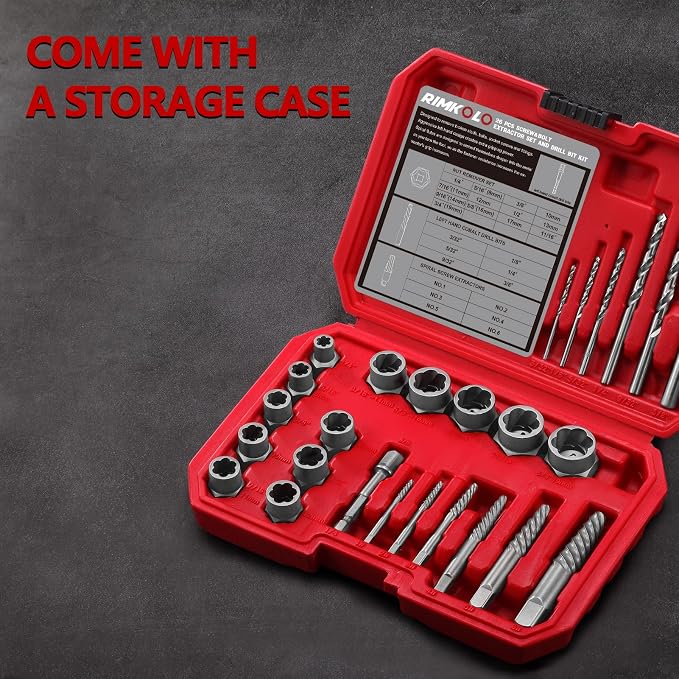 26-Piece Screw & Drill Bit Set, Multi-Spline & Bolt Extractors, Spiral Extractor for Broken Studs & Fittings
