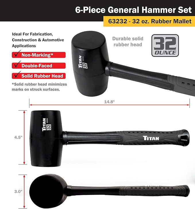 Titan 63136 6-Piece Hammer Set, Includes 16oz & 32oz Ball Pein, 32oz Rubber Mallet, 3lb Sledgehammer, 2lb Dead Blow & 3lb Cross Pein