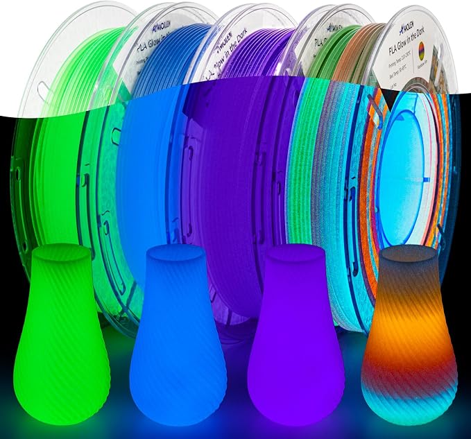 AMOLEN Glow in The Dark 3D Printer Filament Bundle, Glow Filament Multicolor, 5 Meter Rainbow, Green, Blue and Blue-Purple, 1.75mm PLA Filament, Dimensional Accuracy +/- 0.02 mm, 200g X 4 Pack