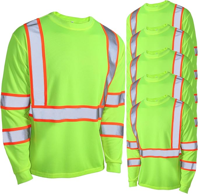 Zhanmai 6 Pack Safety Long Sleeve, Class 3 High Visibility T Shirt with Reflective Strips for Work Surveyor Construction