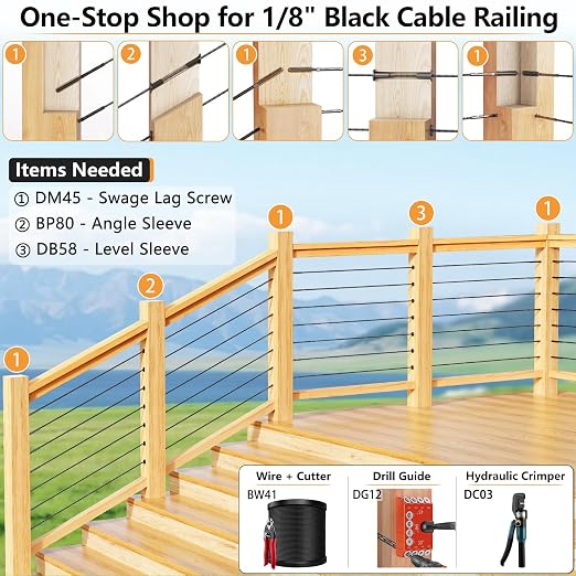 Steel DN Mate 200 Pack Black T316 Stainless Steel Left&Right Handed Thread Swage Lag Screws for Wood Post of 1/8" Black Cable Railing Kit, Deck Stair Railing, DIY Baluster kit, Wrench Included DM45