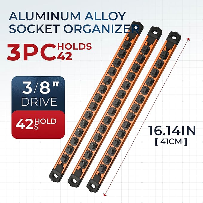 Reniteco Magnetic Socket Organizer Set, 3PC 3/8-Inch Drive Aluminum Alloy Socket Rail, Heavy Duty Magnetic Socket Holder for Tool Box Drawer, 360° Swivel Socket Rack, 3/8" x 42 Clips, Orange