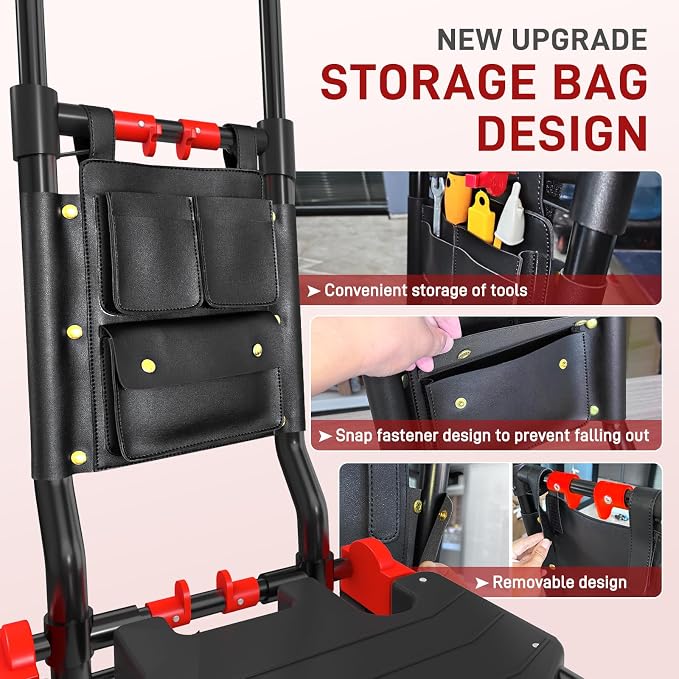 Folding Hand Truck, 2 in 1 Portable Heavy Duty Carrying Moving Dolly Cart with 4 Foldable Wheels and Retractable Handle Duty 330lbs (Red with Folding Basket)