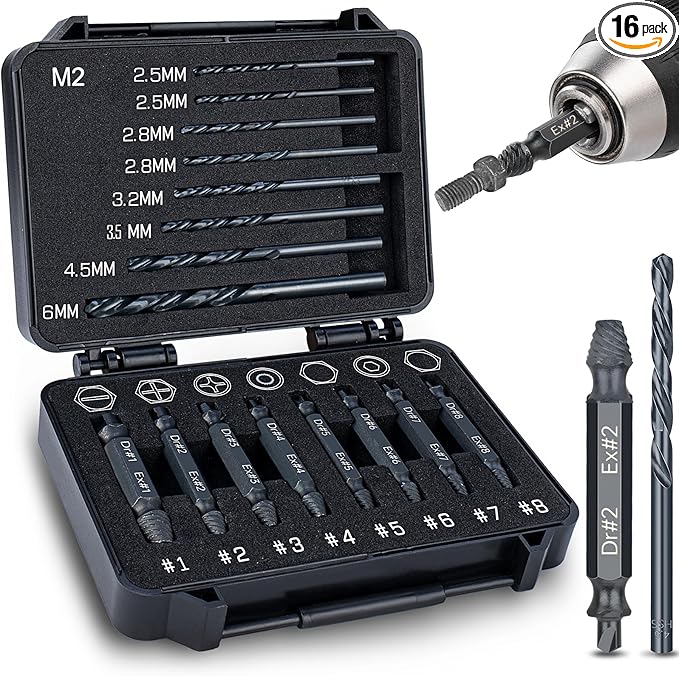 Topec 16PCS Damaged Screw Extractor Set and Left Hand Drill Bit Set, Easy Out Screw Extractor Set with Storage Case, Suitable for Remove Broken, Rusty, Stripped Screw