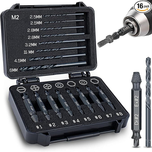 Topec 16PCS Damaged Screw Extractor Set and Left Hand Drill Bit Set, Easy Out Screw Extractor Set with Storage Case, Suitable for Remove Broken, Rusty, Stripped Screw