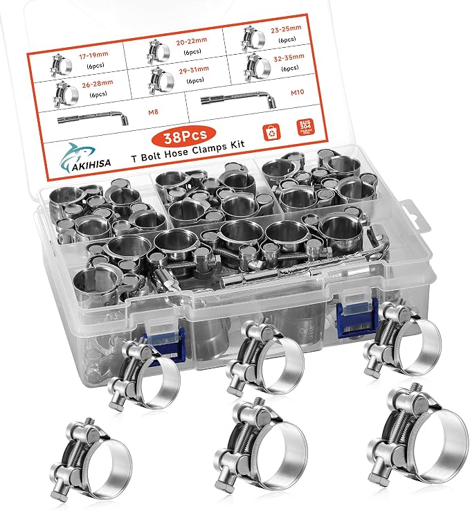 AKIHISA 38Pcs 17-47mm 6Sizes T Bolt Hose Clamps, 304 Stainless Steel Heavy Duty Hose Clamps, Constant Tension Hose Clamp, with M8 and M10 Socket Wrenches
