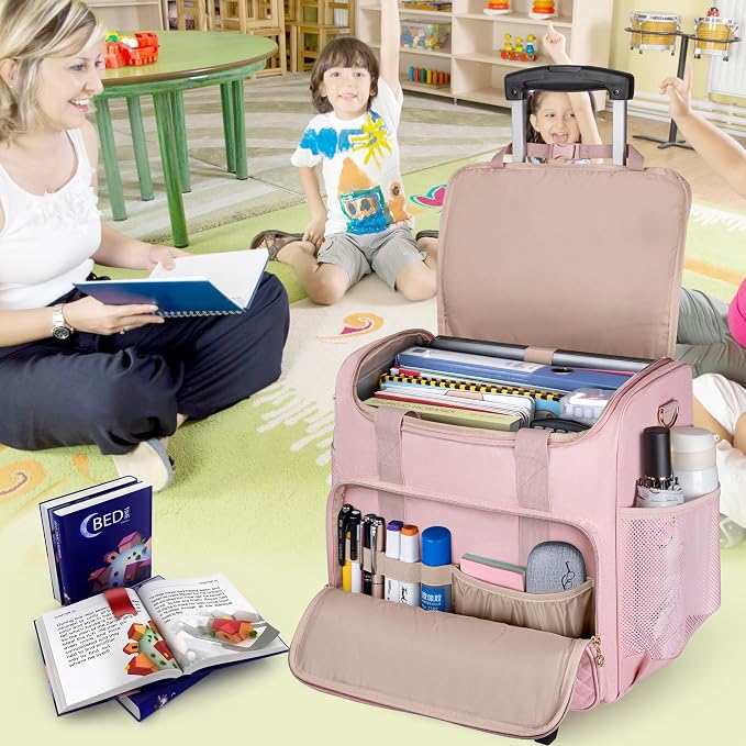 LUXJA Rolling Teacher Bag with Laptop Compartment and Detachable Dolly, Multifunctional Rolling Teacher Tote Bag (Patent Pending), Pink