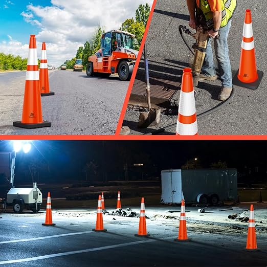 RoadHero 4 Pack Traffic Safety Cones 36 Inch with Black Weighted Base, Plastic PVC Cone, Orange Cones with Reflective Collar, Cones for Parking Lot, Construction Events, Road Safety