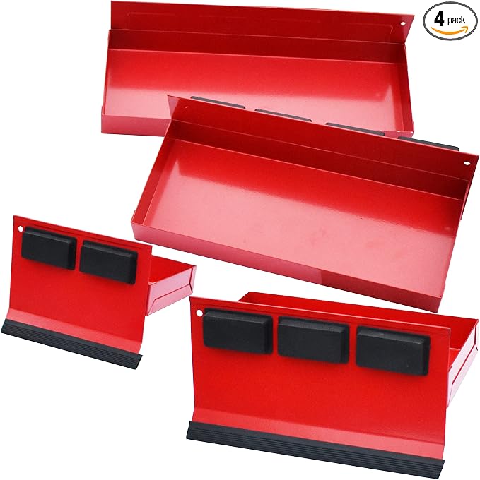 Magnetic Shelf 4-Pcs Set - Red Tool Trays - Metal Tool Box With Strong Magnets - Storage for Toolbox - Tool Box Accessories for Van Workshop