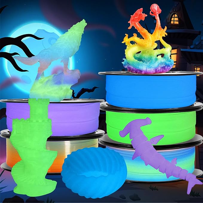 1.75mm PLA 3D Printer Filament Bundle: Glow in Dark Green/Blue/Purple/Rainbow, One Spool Clear Multi Colored, Each Spool 250g, Total 1.25Kg 3D Printing Material, 250g x 5 Spools Glow in Dark PLA