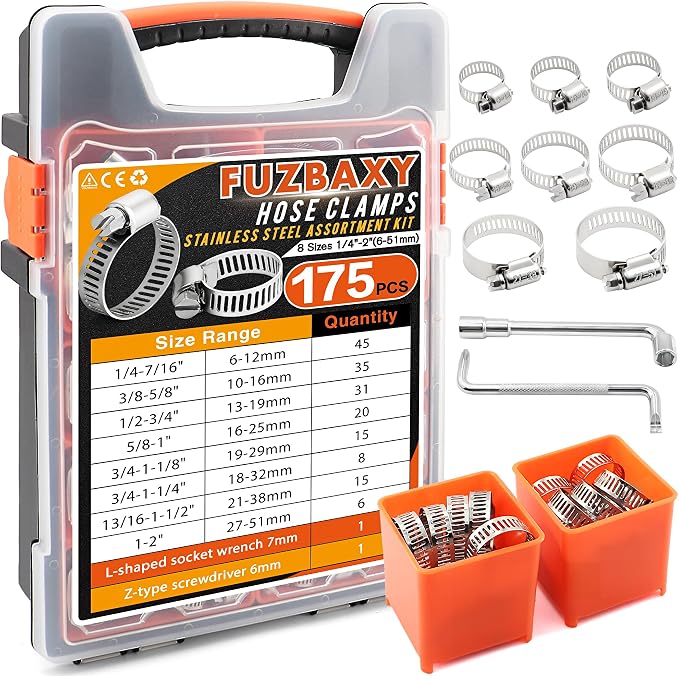 175Pcs 304 Stainless Steel Worm Gear Hose Clamps Kit | 1/4"-2" Adjustable Clamps for Auto, Plumbing & Garden,Stop Leaks Instantly,Free Wrench & Screwdriver Included