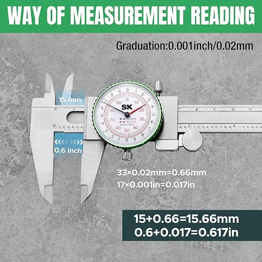 SK Dial Caliper, 6-Inch/150mm Caliper Measuring Tool with Dual SAE/Metric Scale, 4 Measurement Methods Stainless Steel Calipers, ±0.001 inch/0.03mm Accuracy