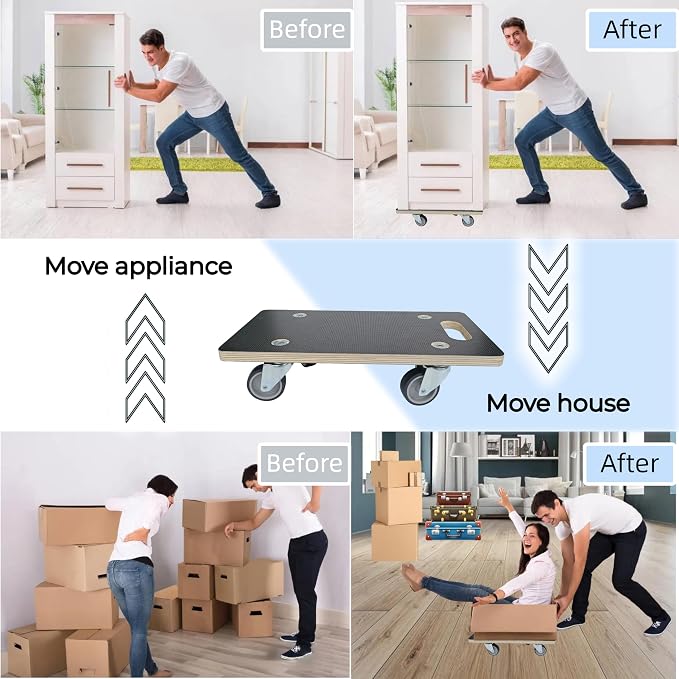 Furniture Moving Dolly Wood Platform Dolly 2 Packs, 17.32 x 9.06 inch, 882 lbs Capacity Heavy Duty Wood Dollies cart with Wheels, Movers Carrier with 4 Soft Rubber Silent Wheels