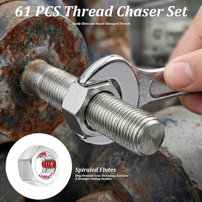 61 PCS Thread Chaser Set, Metric & SAE Tap and Die Set, Thread Repair Kit, Rethreading Tool Kit, UNC, UNF, Metric, 3 Thread Files and 2 Pitch Gauges