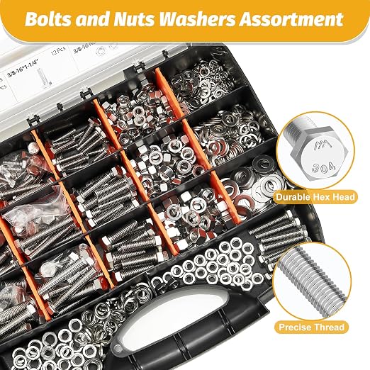 Kadrick 744Pcs 18-8(304) Stainless Steel Hex Bolts Assortment,1/4-20 5/16-18 3/8-16 Heavy Duty Bolts and Nuts Kit, Assorted SAE Bolts Nuts Flat&Lock Washers,Lenth Form 1/2''-2''