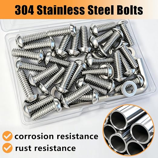 50Pcs 1/4-20 x 3/4" Button Head Socket Cap Screws, 304 Stainless Steel Bolts with Flat Washers and Hex Wrench, Fully Thread (25Set)